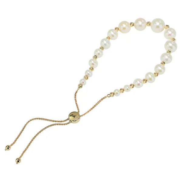 14KT Yellow Gold White Pearl Gold Ball Adjustable Bracelet